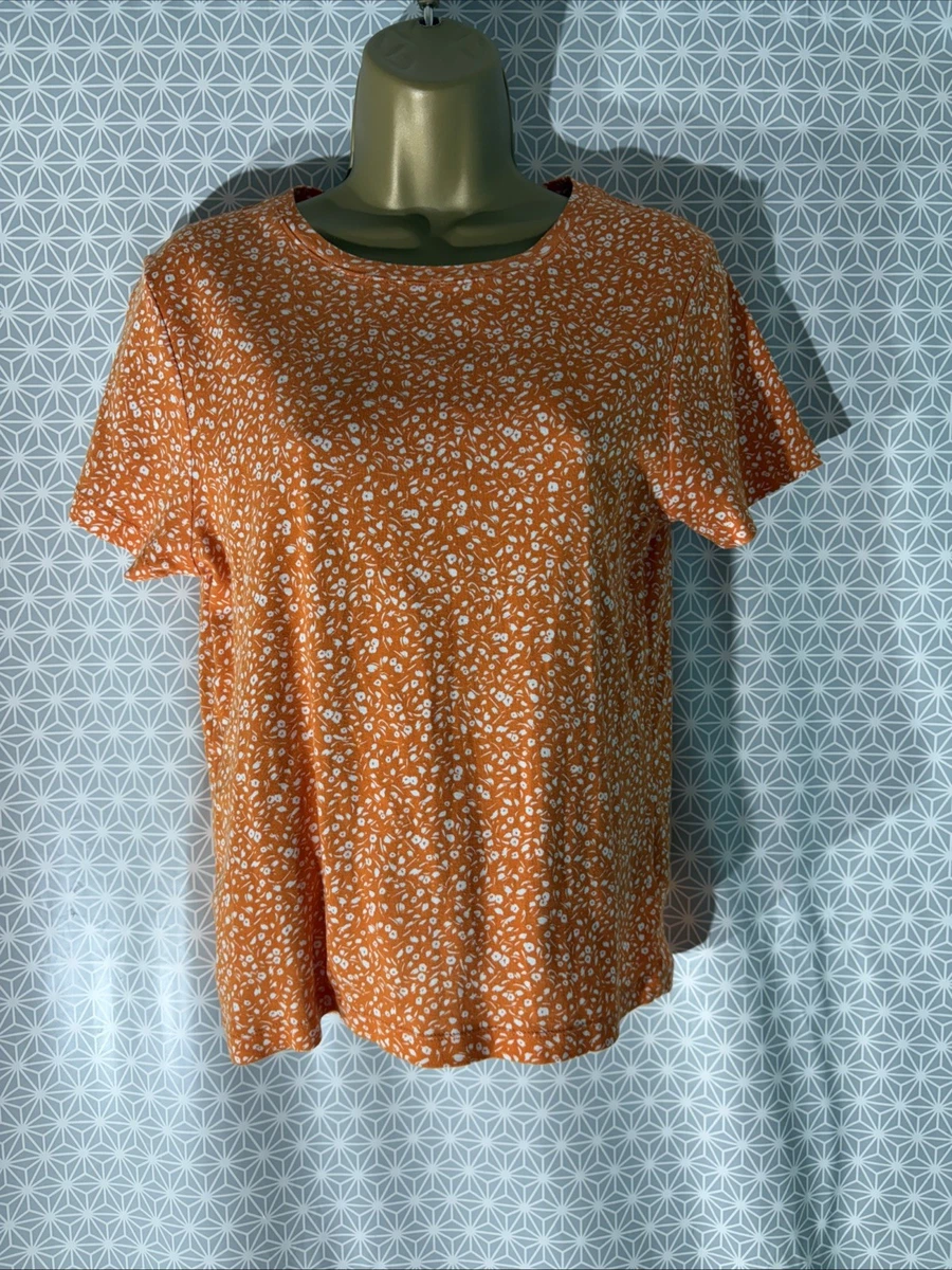 T-shirt Femme Manches Courtes M&S – Taille 14, Rose/orange, Motif Floral, 100% Coton