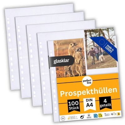 perfect line 100 Prospekthüllen A4 4-geteilt A6 90µ glasklar Sammelhülle NEU OVP