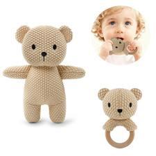 10" Crochet Bear Stuffed Animal with Rattle, Pure Cotton Soft Crochet Doll Plush