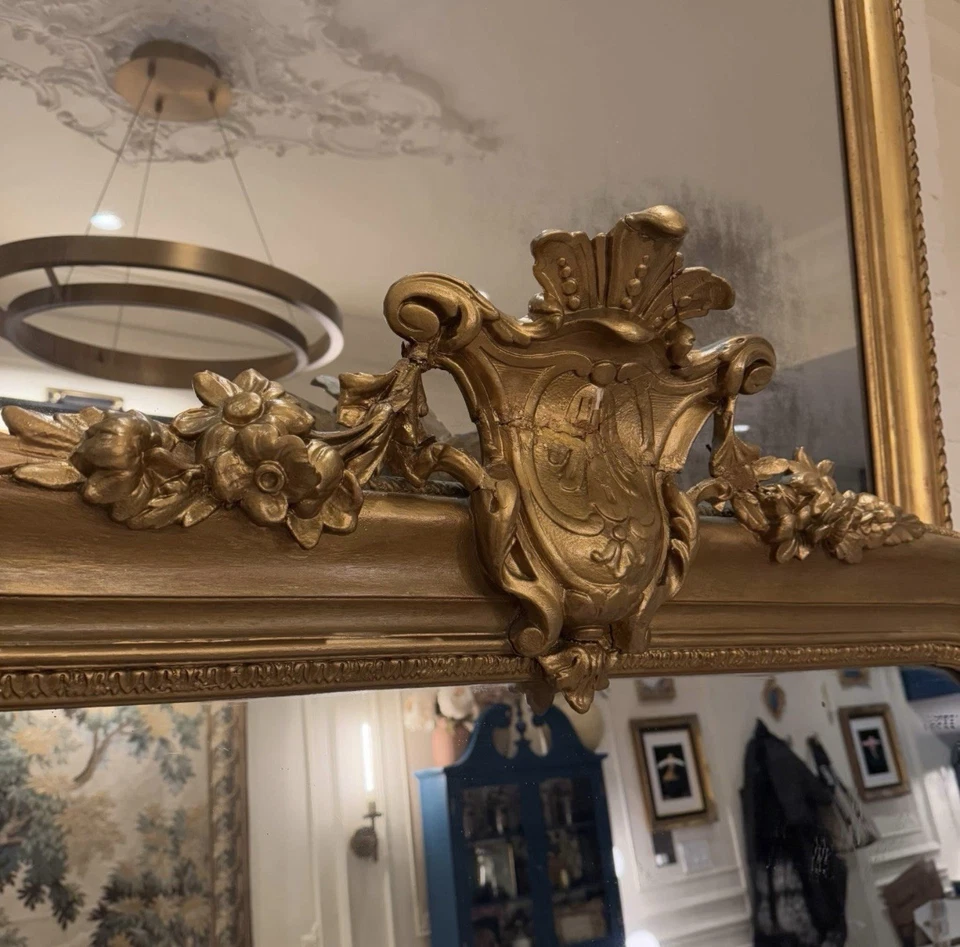 Espejo dorado antiguo francés estilo Luis XV tamaño completo Foto 3 de 4