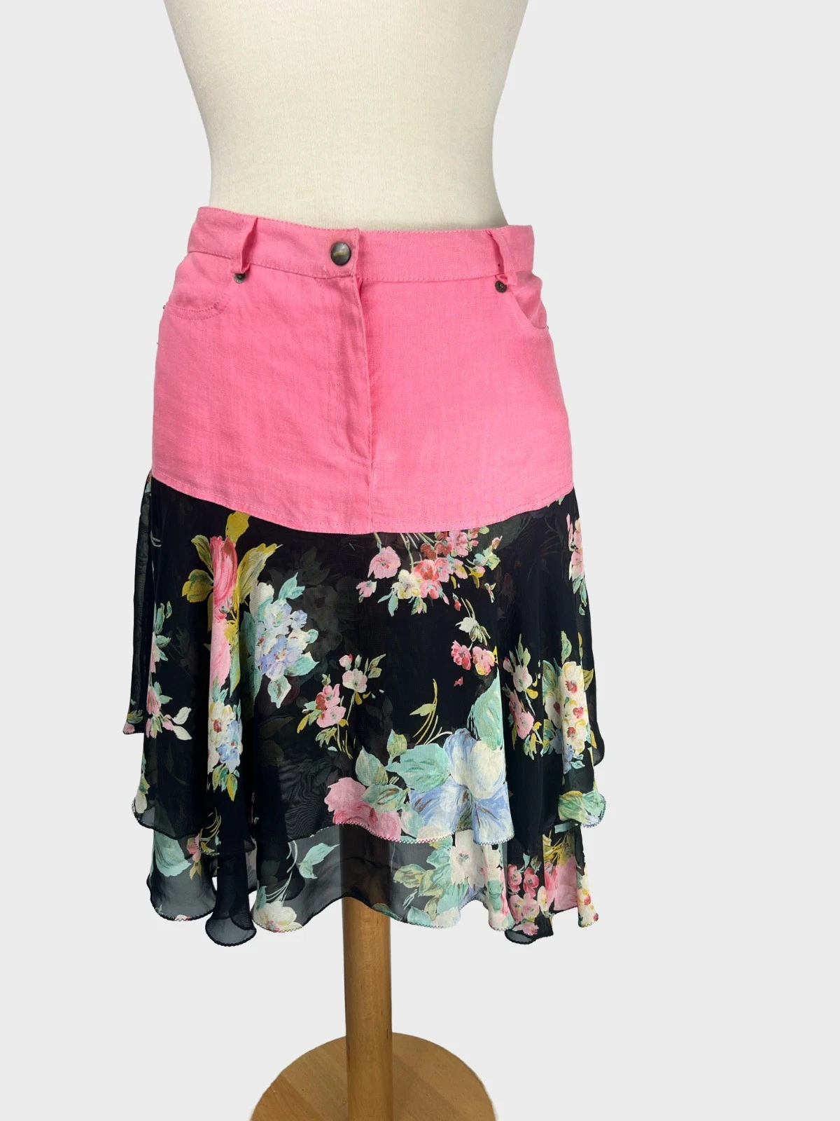 Vintage Notizie Skirt UK 10 Pink Linen Black Floral Layered Y2K Boho Midi W28