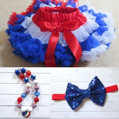 New Baby Girls Tutu 1-2 years Red White Blue 4th July Pettiskirt Beaded Necklace