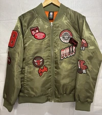NBA Chicago Bulls Satin Bomber Jacket Olive Logo Patches Throwback Youth Large