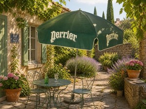 Rare Perrier Green Garden Umbrella & Concrete Base