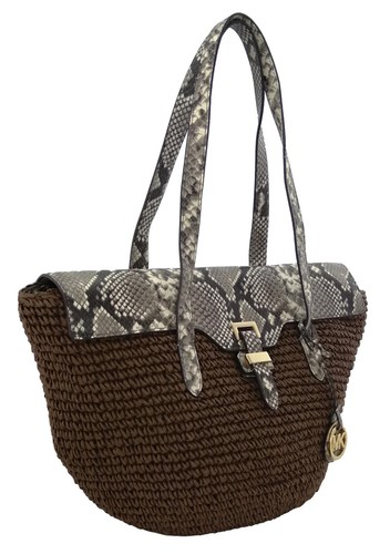 Michael Kors Straw Bag Brown Shoulder Naomi & Leather Snakeskin Pattern Handbag - Picture 2 of 14