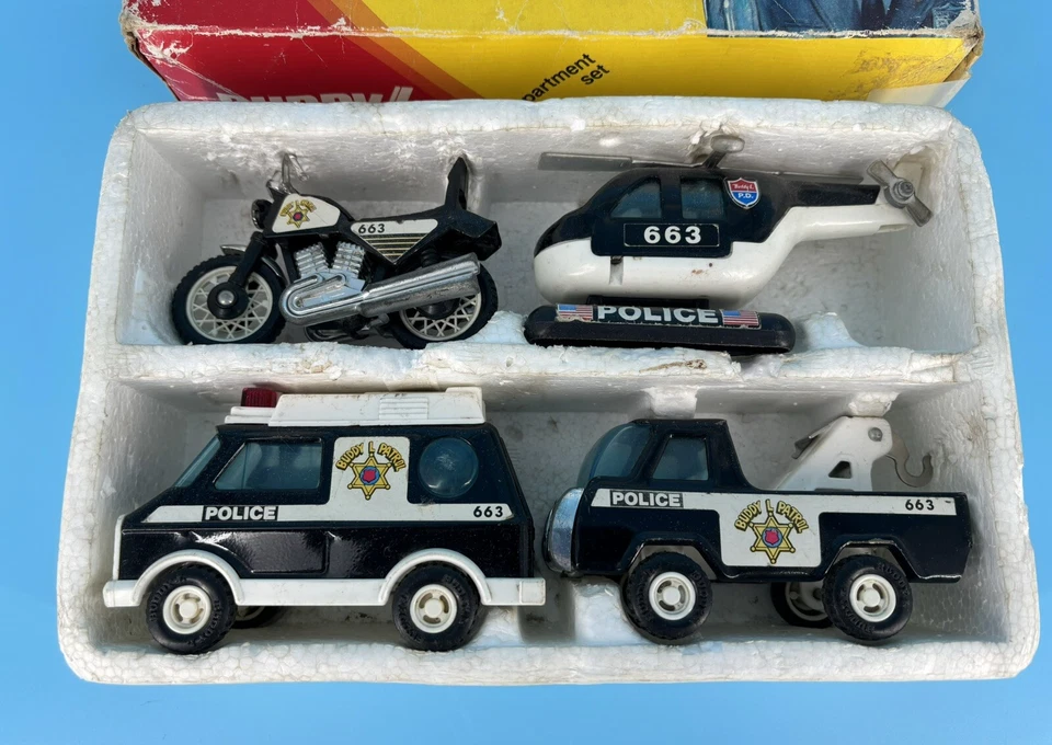 Buddy L Police Department Set Motorcycle Helicopter Van Tow Truck (AS IS) - Image 3 of 4