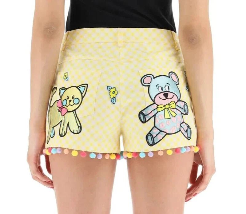 Pantalones Cortos Moschino Couture Animal Applica Guardería Guinga Pom Pom Amarillo EE. UU. 10 NUEVOS CON ETIQUETAS Foto 3 de 4