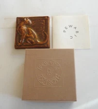 2014 Mint In Box Pewabic Art Pottery Tile 3D Seated Cat Brown Glaze Michigan USA