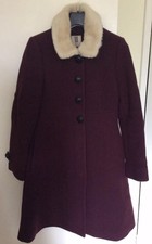 Orla Kiely 1960s Inspired Wool Coat Detachable Fur Collar Plum Large Buttons Sz8