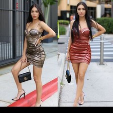 Sexy Women's Contrast Ruched Champagne Glitter Mesh Clubwear Mini Dress