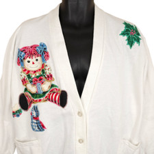 Vintage Raggedy Anne Christmas Cardigan Sweatshirt Womens Size XL Made In USA