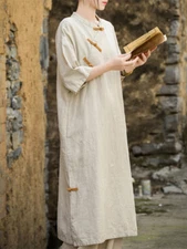 Ramie Retro Chinese Dress Women's New Cotton Linen Dress Loose Robe Cheongsam