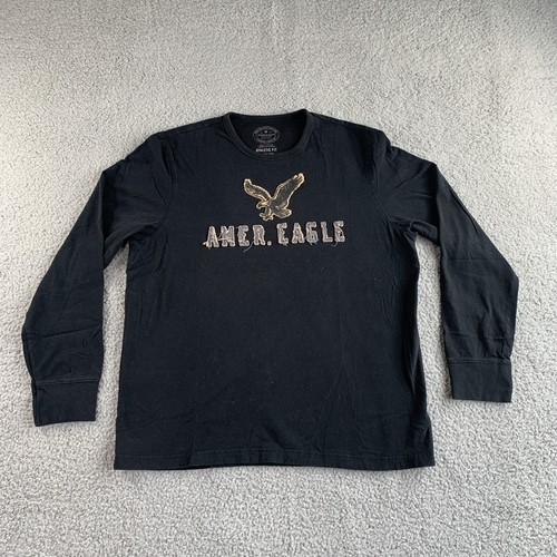 NEW American Eagle T shirt Mens XL Black Thermal Athletic Fit Logo Long Sleeve