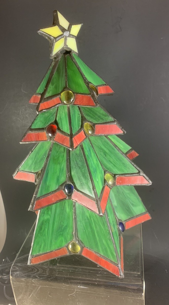 Vintage Stain Glass Slag Christmas Tree Lamp Illuminated EUC