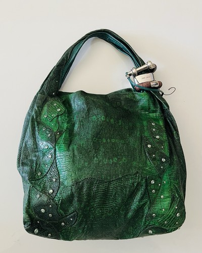 JIMMY CHOO Lizard -Embossed Green Leather Shopper Handbag -Authentic