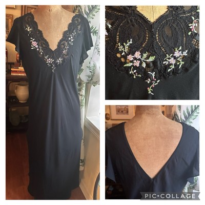 Oscar De La L Pink Label Black Lace Floral Nightgown Bridal Slip Dress