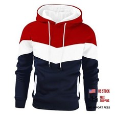 Men's Novelty Color Block Pullover Fleece Hoodie Long Small Red White Blue