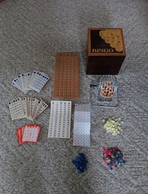 Bingo Set Wooden Case, Wood Master Board, Balls & Number Covers, Cards, Cage