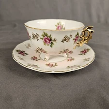 Pink Rose 3 Footed Tea Cup and Saucer Vintage Japan Style Fancy Handle Gold Trim
