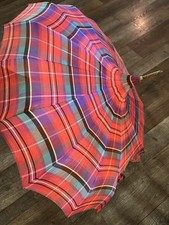 Vintage Plaid umbrella Lucite shaft parasol Brass Detail 1 Seam Needs Resown