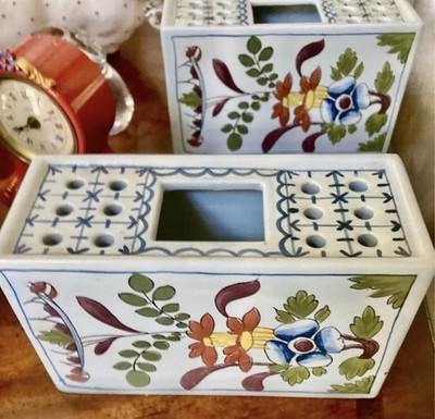 Pair of Vintage Delft Blue & White Porcelain Faience Flower Frog Vase Bricks 6''