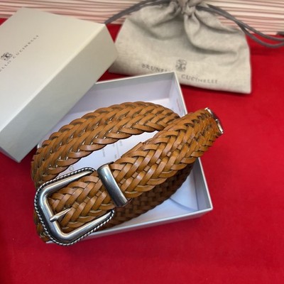 Brunello Cucinelli Unisex Cognac Braided Leather Narrow Belt 2.5cm