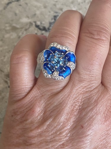 Dallas Prince Sterling Silver Swiss Blue Topaz & White Zircon Flower Ring - Picture 12 of 14