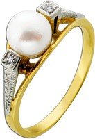 Perlenring Gold 585 WeißGold 14K Akoyaperle Diamanten Antikschmuck