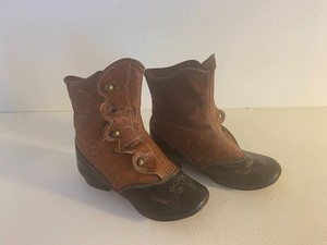 Antique Boots Shoes Baby Child Leather two tone 5x2" Brown Black Side Button up