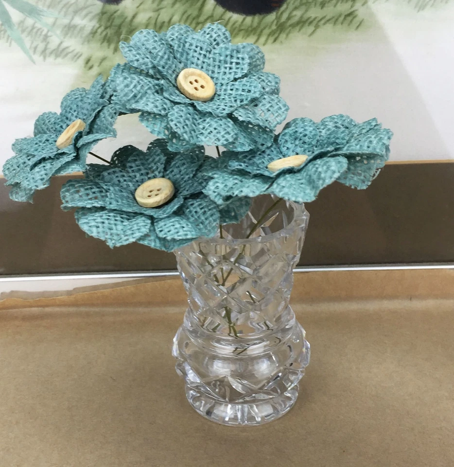 6 Flores de Arpillera con Botón 5cm Álbum de Recortes, Decoración de Pasteles, Floristería AZUL Foto 4 de 4