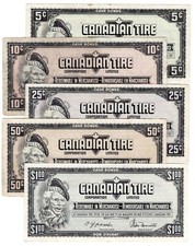 LOT OF FIVE 1987 CANADIAN TIRE 5 CENTS TO 1 DOLLAR NOTES VF/XF