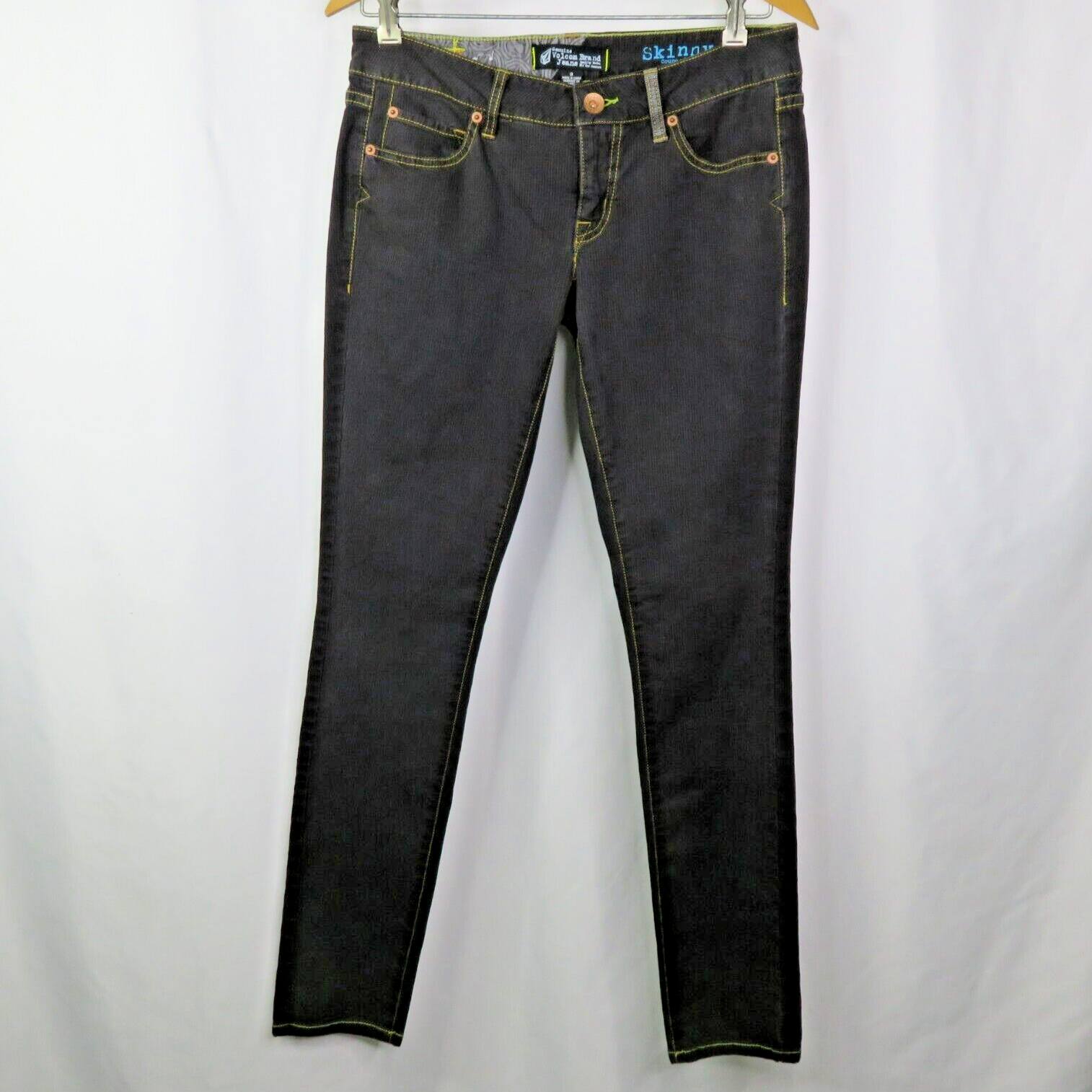 Volcom Skinny Jeans Black Brown Pinstripe Size 9 Straight Leg Logo-image
