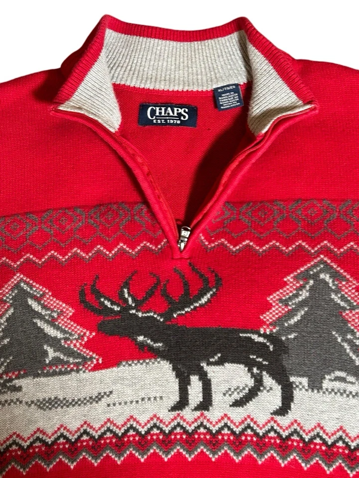 Chaps Men’s XL Red Fair Isle Reindeer 1/4 Zip Christmas Sweater Nordic Holiday - Image 4 of 4