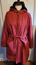 Vtg Drizzle Inc Medium Red Trench Belted Jacket Coat faux Black Fur Lined Hood