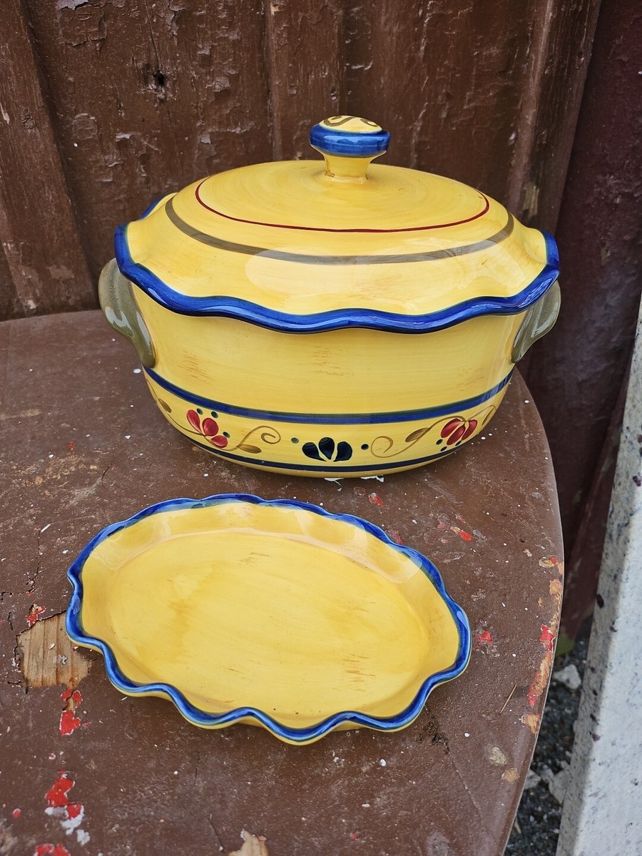 Home Garden Party Oval Covered Stoneware Baking Dish Yellow Blue