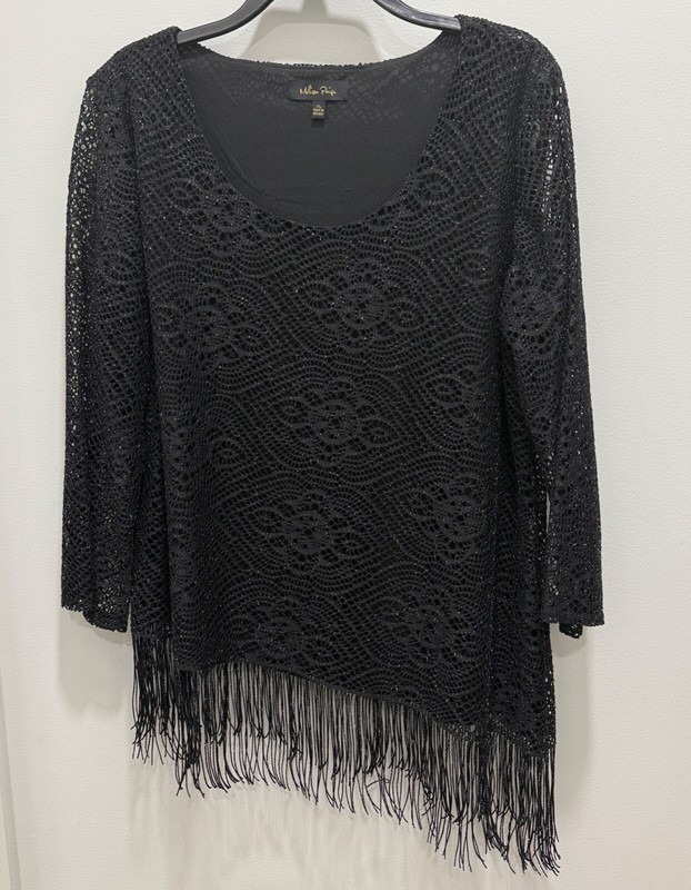 Black Asymmetrical Fringe Sparkle Party Tunic Top, Size XL