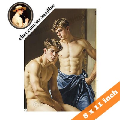 Handsome Young men nude bare chested in a vintage bathroom - gay