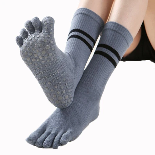 Striped Calf Socks Cotton Silicone Middle Tube Non-slip Pilates Five-finger Sock