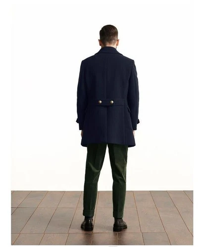 Mens Black Pea Coat 100% Wool Blend Double Breasted button Jacket Trench Coat - Picture 9 of 15