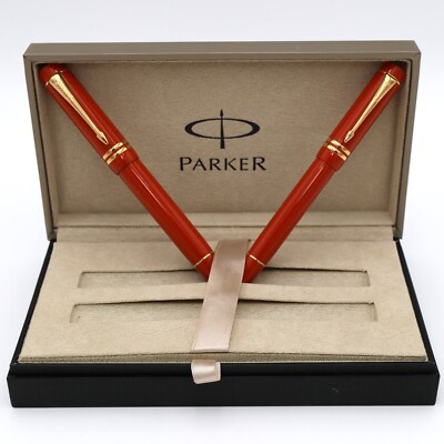 Parker Duofold Big Red Fountain and Ballpoint Pen Box Set 18K Nib ''M'' Ex-Cond