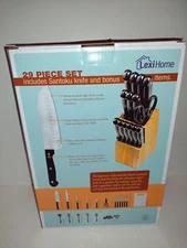 LexiHome 29 Pc Cutlery Set: Santoku Knife, Wood Block, Kitchen Tools Shears+MORE
