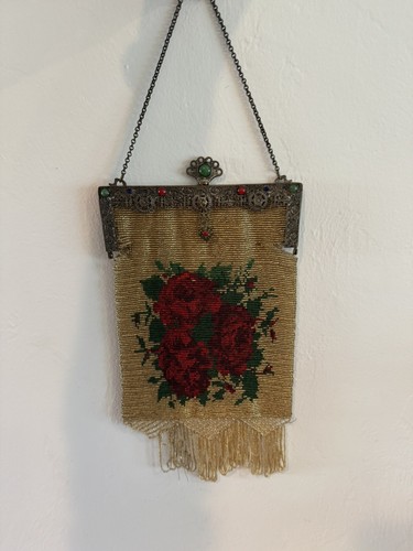 Antique Purse Frame Metal w Stones Gold Rose Floral Beaded Bag - Picture 23 of 24