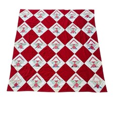 Vintage 1940s Handmade Feedsack Patchwork Quilt Basket Block Pattern Red 75x75