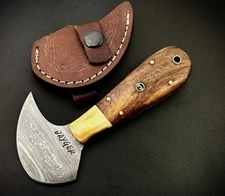 Handmade Damascus Steel Leather Cutting Knife | Round Blade | Wood Handle