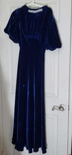1930s Blue Velvet Long Dress rhinestone rows accent vintage missing belt