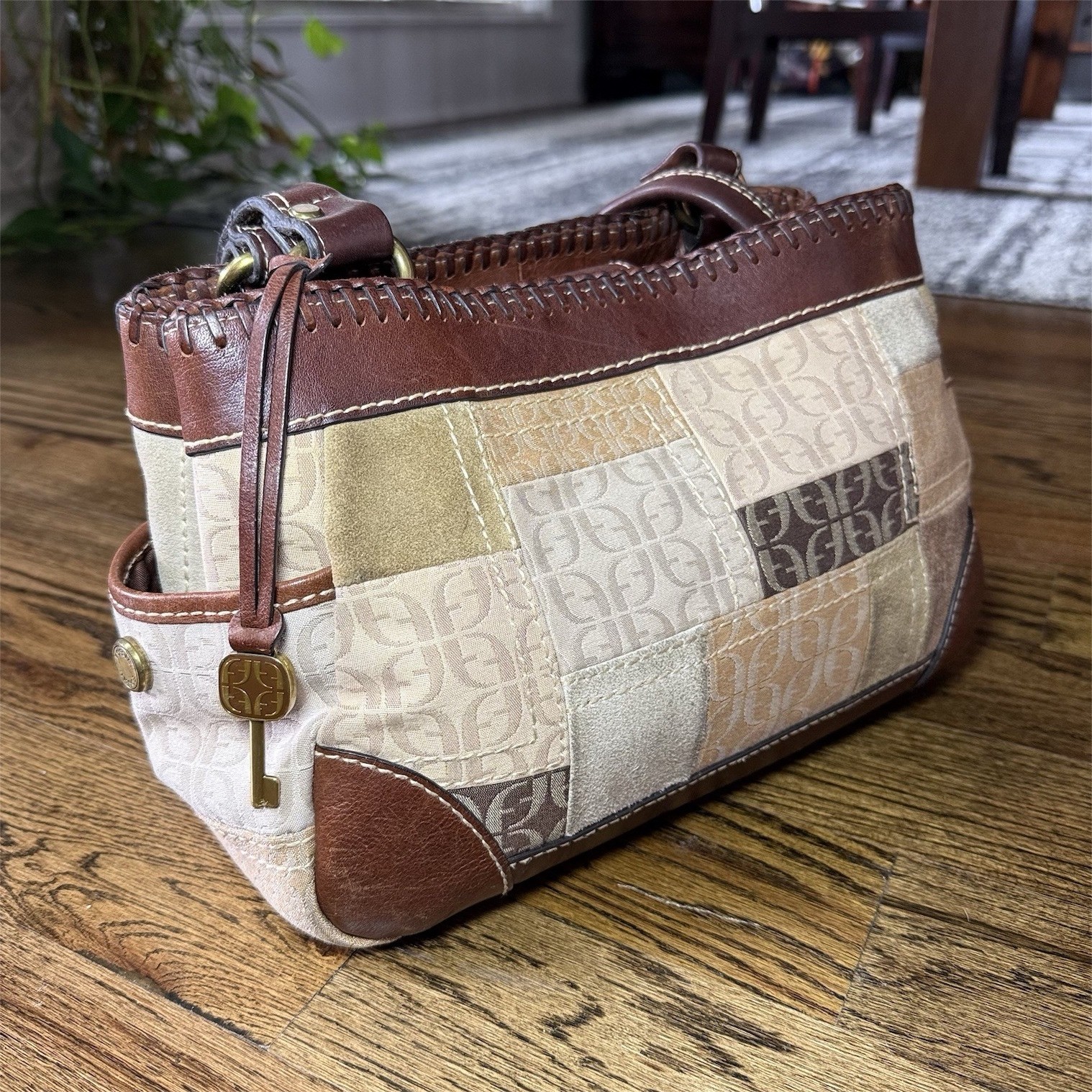 Fossil Patchwork Logo Shoulder Bag Brown Beige Ta… - image 1