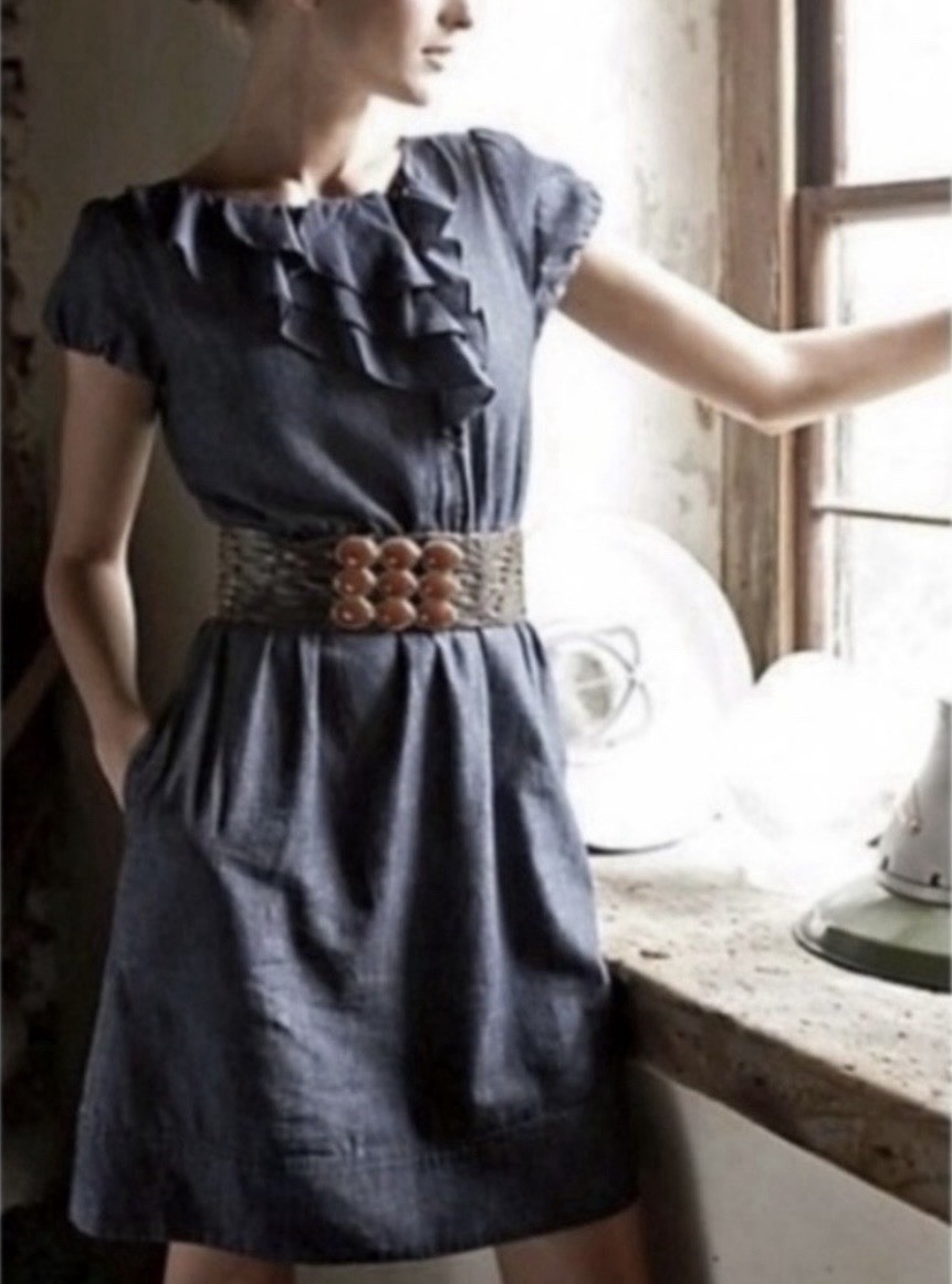 Anthropologie Maeve Denim Dress Sz Medium Ruffle Midi Short Sleeve CottageCore