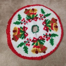 Vintage Latch Hook Christmas Tree Skirt Bells 32" Holiday Handmade