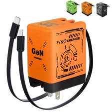 GaN Smart Charger, 2 in 1 Gan 120w Fast Charger, Retractable Wall Fast Orange