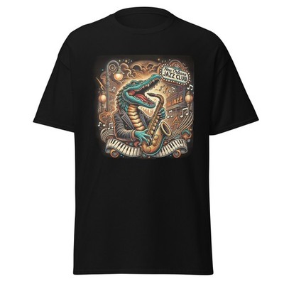 Unisex vintage-style T-shirt featuring a tattoo-style alligator playing jazz sax